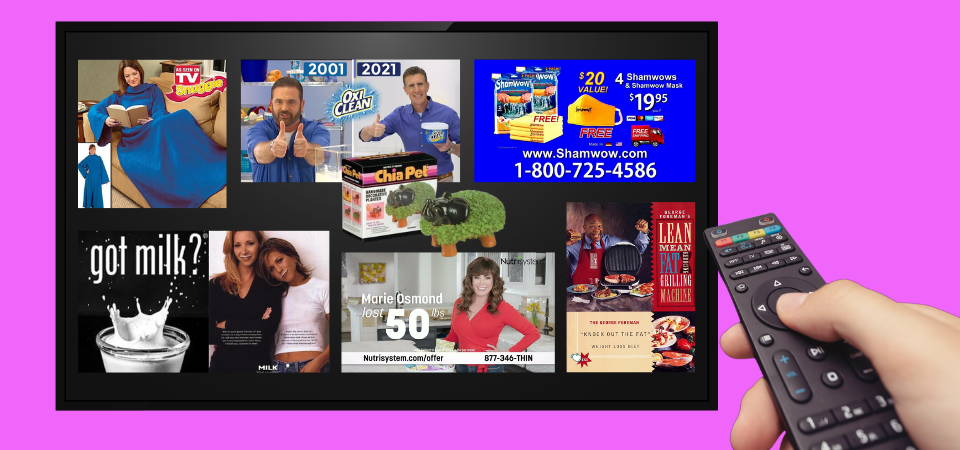 A collage of multiple DRTV advertisements on a TV screen