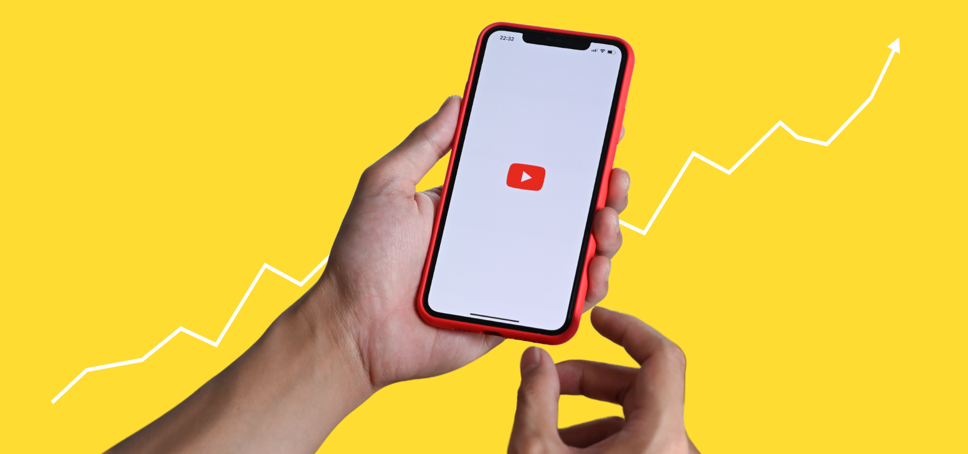 Yellow background with hands holding a phone with the YouTube logo on it.
