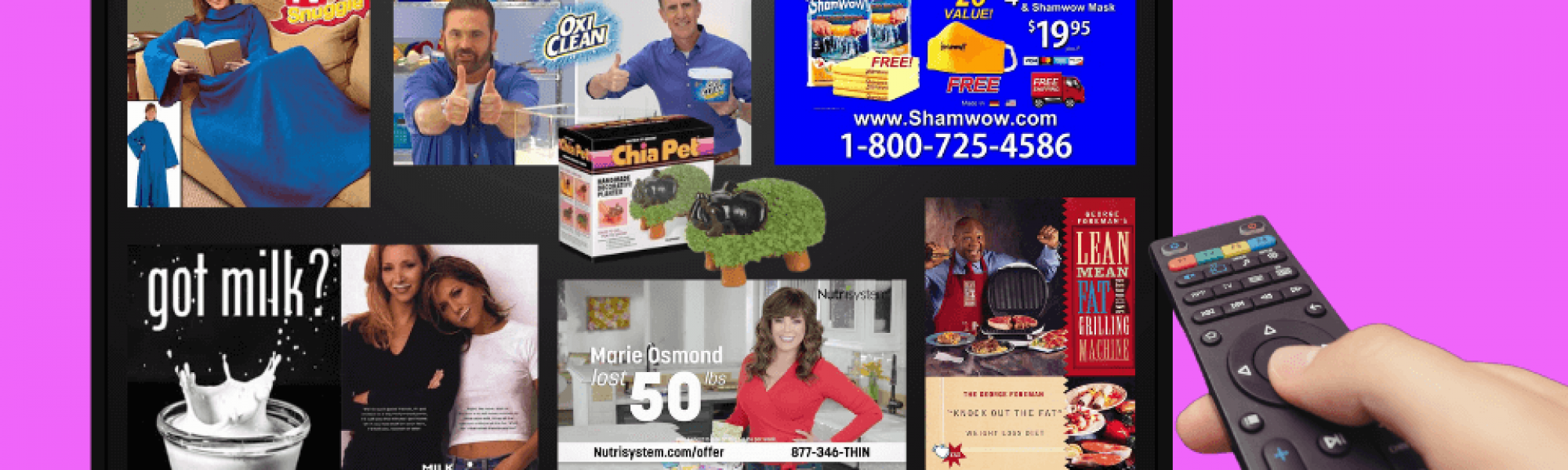 A collage of multiple DRTV advertisements on a TV screen