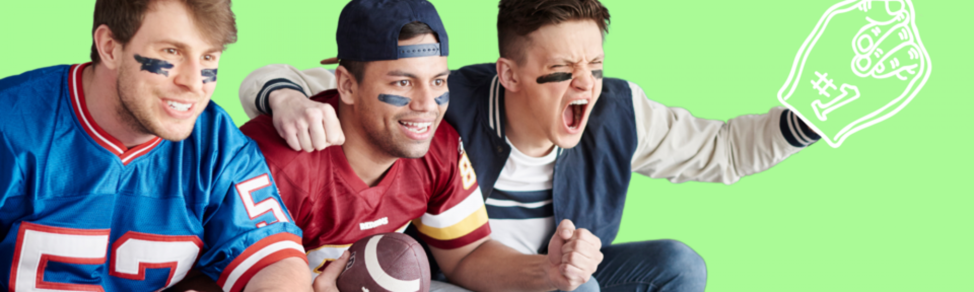 Three men wearing football jerseys cheering at the TV