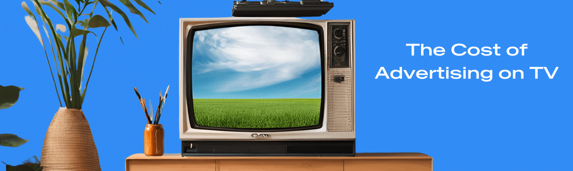 A television set on a blue background with the caption "The Cost of Advertising on TV"