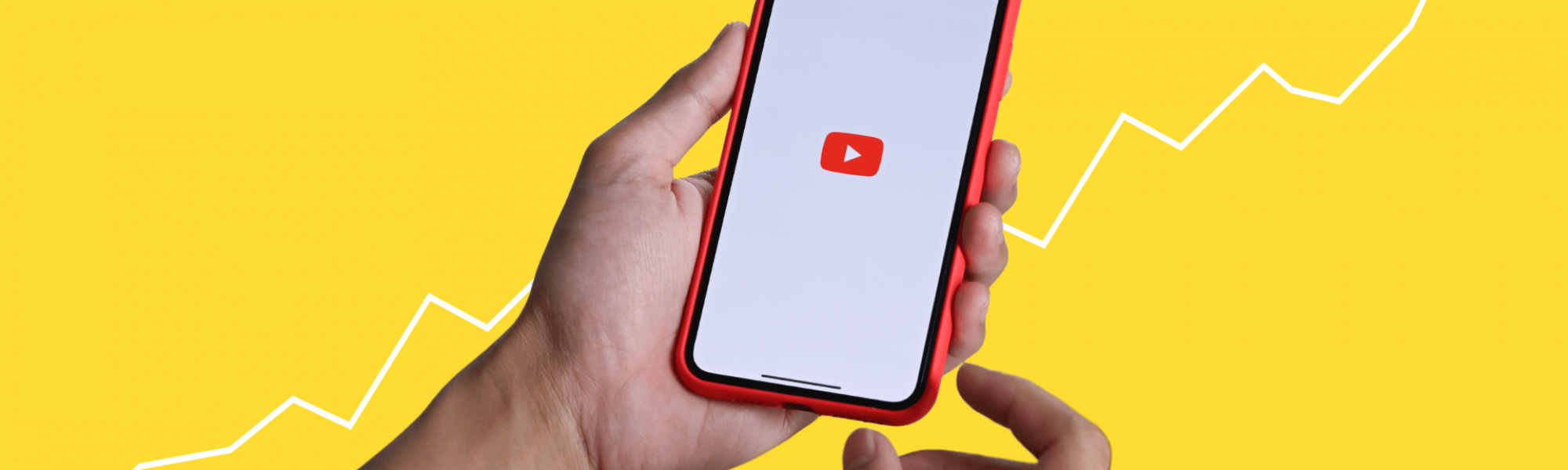 Yellow background with hands holding a phone with the YouTube logo on it.